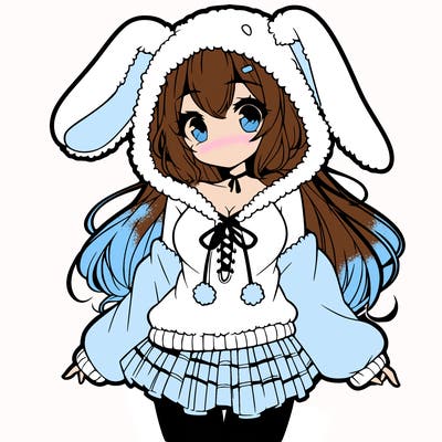 pretty anime girl wearing a fluffy hoodie with bunny ears on the hood and a skirt
