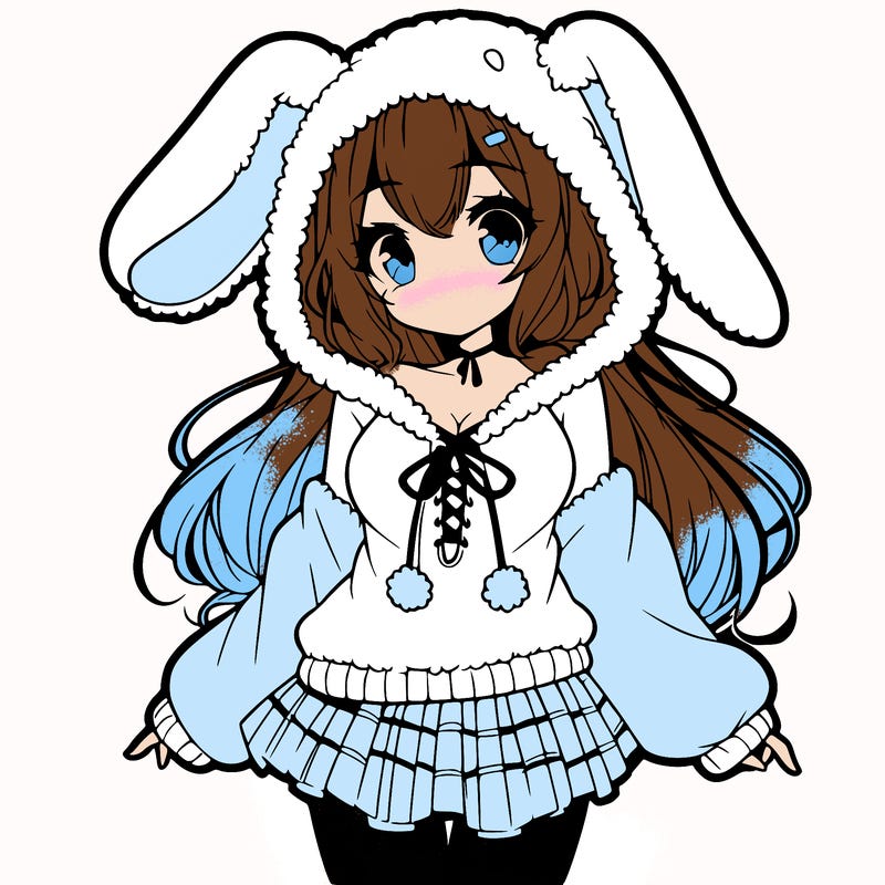 pretty anime girl wearing a fluffy hoodie with bunny ears on the hood and a skirt