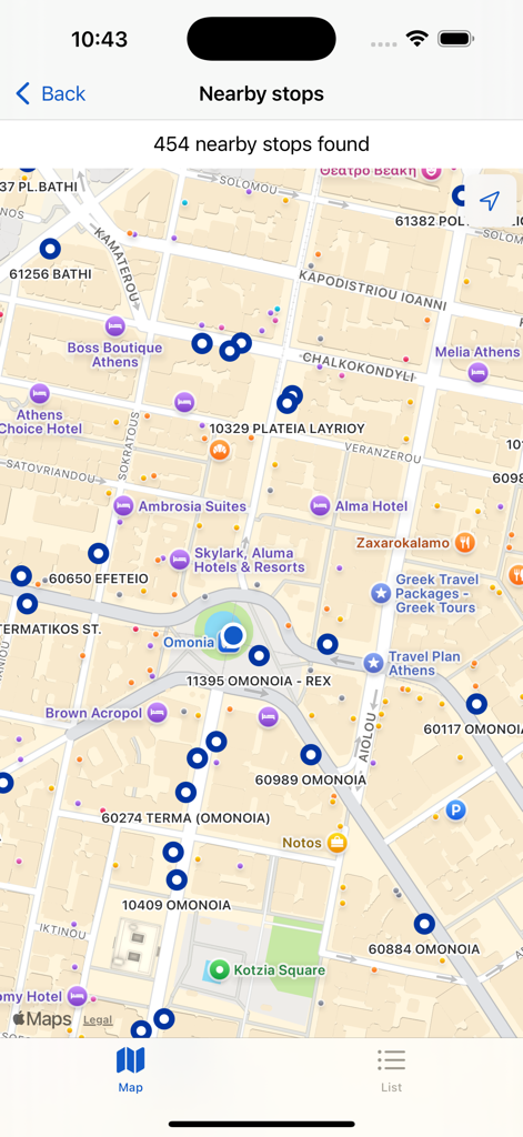 Map view in the OASA app showing nearby bus stops in the Omonia area of Athens Greece