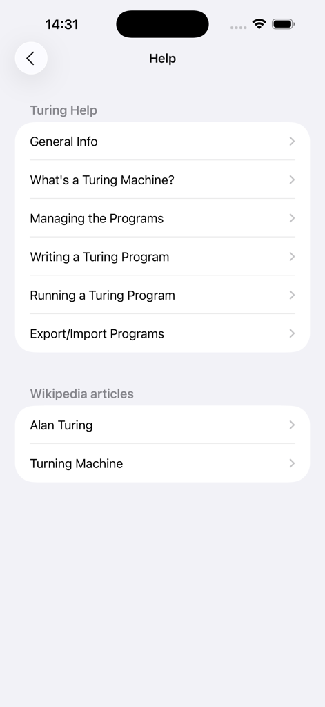 Turing Machine Simulator - Help menu screen of the Turing Machine Simulator app featuring educational guides and external reference links.