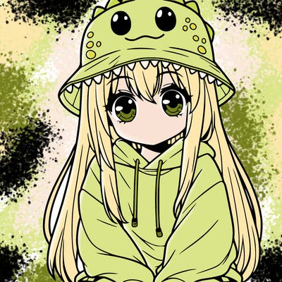 girl with anime shaped eyes with a dinosaur bucket hat oversized sweatshirt long straight hair