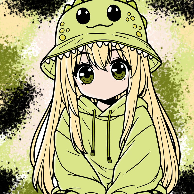girl with anime shaped eyes with a dinosaur bucket hat oversized sweatshirt long straight hair