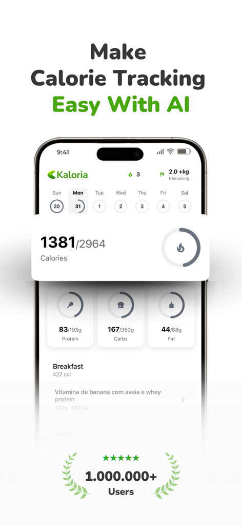 Kaloria: Calorie Counter - Kaloria app dashboard showing daily calorie intake and macronutrient progress tracking on an iPhone