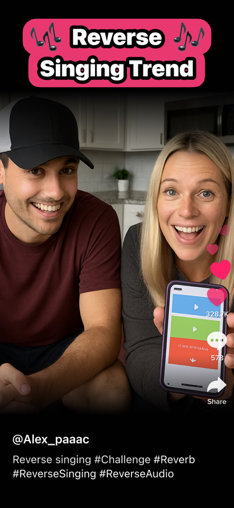 Creadores de redes sociales demostrando la tendencia de canto inverso usando la aplicación Reverse Audio Play en un smartphone