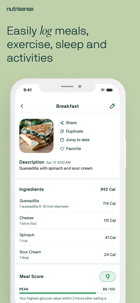 Interface do aplicativo Nutrisense mostrando o rastreamento de refeições com foto, calorias de ingredientes e pontuação metabólica