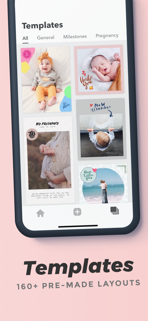 A collection of pre-made layouts for baby milestones and pregnancy photos in the Adorable app.