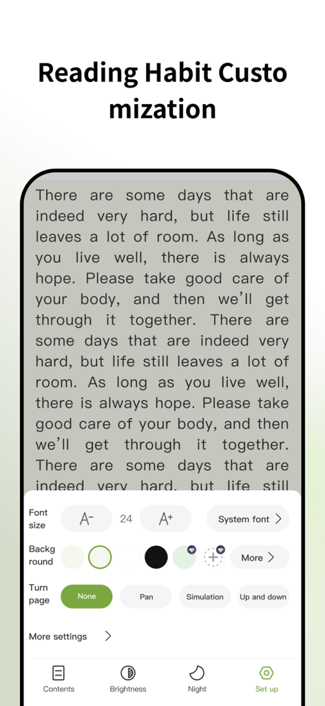 Natural Reader - Interface of Natural Reader app showing font, background, and page turn customization options for reading novels.