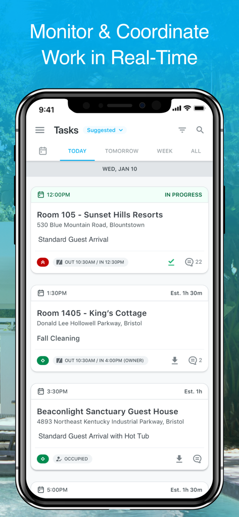Breezeway: Property Care - A smartphone showing the Breezeway app task dashboard with real-time property maintenance and cleaning schedules.
