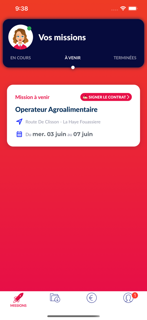 Schermata dell'app mobile Supplayer che mostra i dettagli della missione imminente per un operatore agroalimentare e un pulsante di firma digitale del contratto