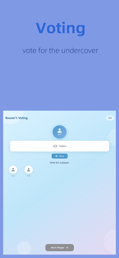 UnderCover: DIY - Voting interface in the UnderCover DIY app where players vote to identify the undercover during a game round.