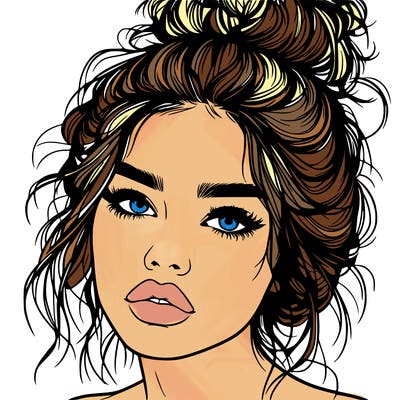 realistic girl with lips and hair in a messy bun