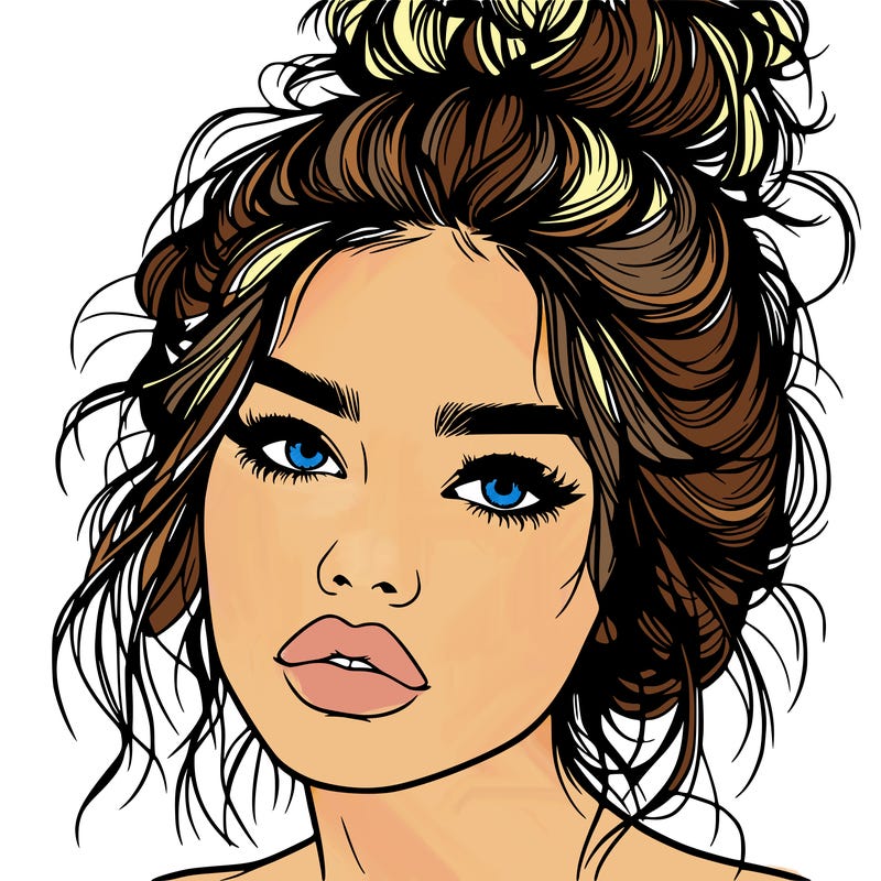 realistic girl with lips and hair in a messy bun