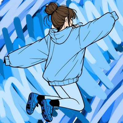 realistic girl jumping with a bun and oversized sweatshirt