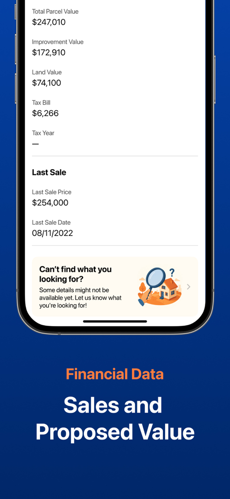 Parceled Land Map - Parceled Land Mapアプリのスクリーンショットで、土地の価値、税金請求書、物件の売却履歴を含む財務データが表示されています。