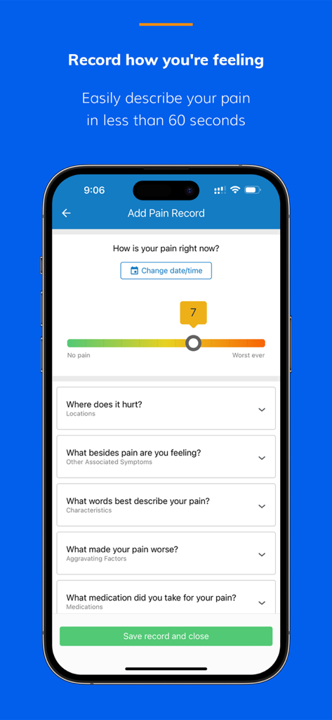 Manage My Pain - Interfaz de la aplicación Manage My Pain mostrando un control deslizante de intensidad del dolor y campos de seguimiento de síntomas para una entrada de registro diario