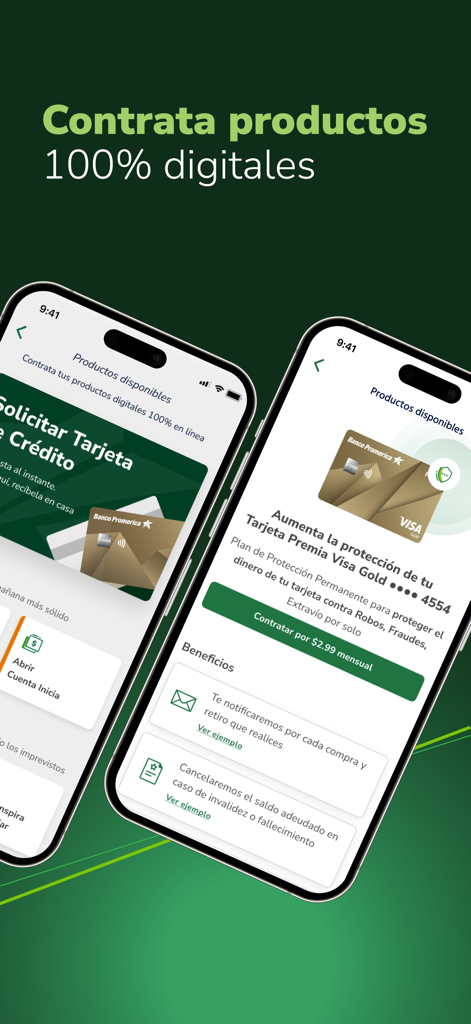 Promerica SV - Promerica SV app interface showing options for digital credit card and financial product enrollment