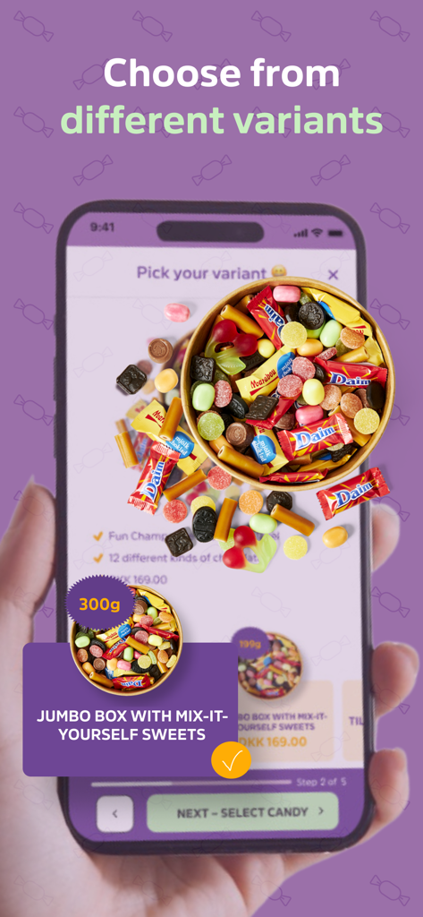 CandyExpress Candy app - Mobile app interface of CandyExpress showing options to pick a jumbo candy box variant.