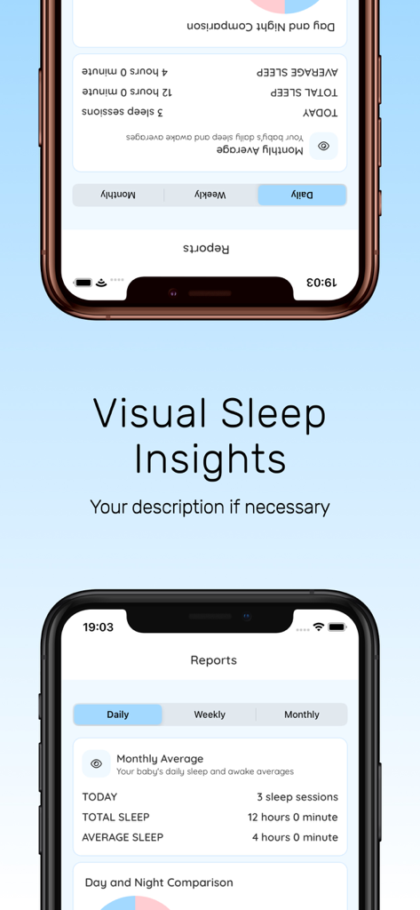 Baby Sleep Tracker: Routine - Interface of the Baby Sleep Tracker app showing visual sleep insights and daily reports including total sleep time.
