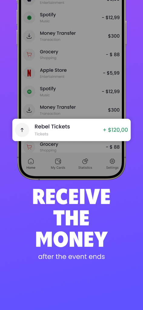 Rebel - Buy and Sell Tickets - Mobile app screen showing a payment notification for sold tickets with text about receiving money after the event