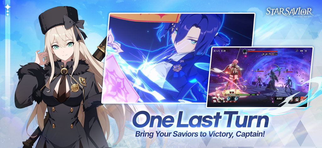 Banner promocional de StarSavior, RPG de anime, mostrando combate por turnos y diseños de personajes cinematográficos.