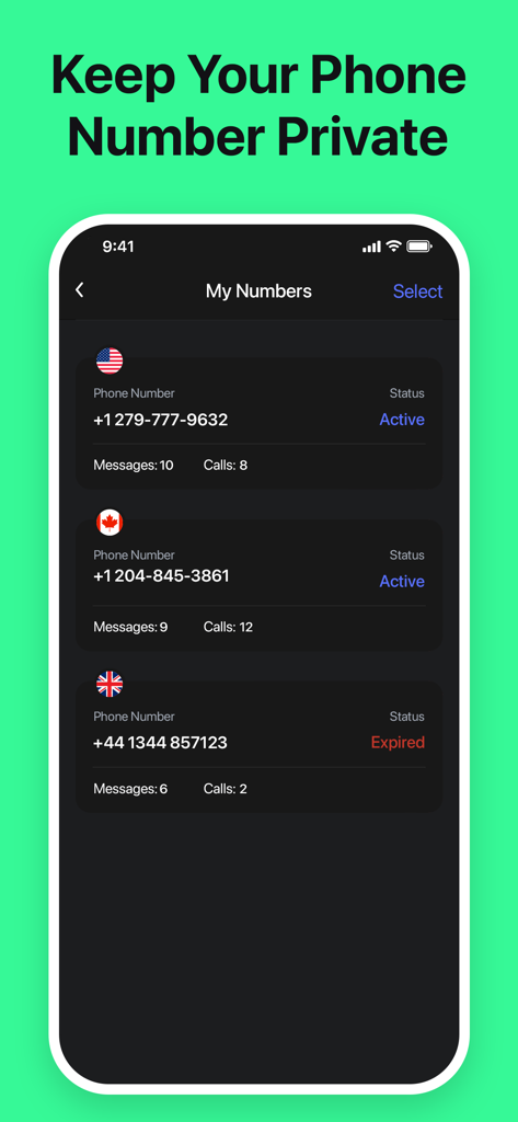 Interface de aplicativo móvel mostrando uma lista de números de telefone virtuais dos EUA, Canadá e Reino Unido com status ativos e expirados
