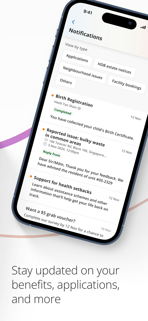 LifeSG App-Benachrichtigungsbildschirm mit Updates zu Geburtsanmeldungen, Nachbarschaftsproblemen und staatlichen Leistungen.