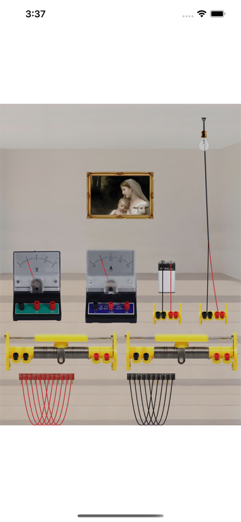 Virtuelle Physiklabor-Simulation mit analogen Messgeräten, Batterie und Rheostaten für elektrische Experimente