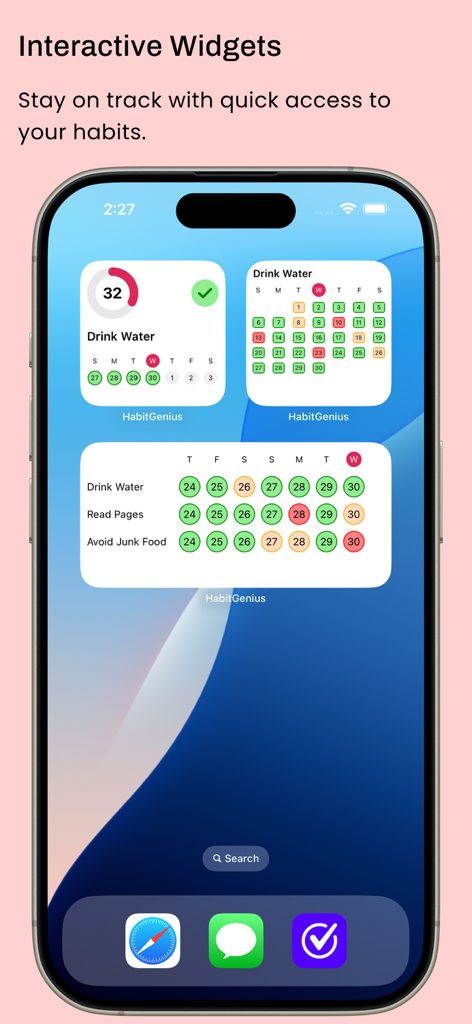 Habit Tracker - HabitGenius - Pantalla de inicio de iOS que muestra widgets interactivos para rastrear la ingesta de agua y los hábitos diarios
