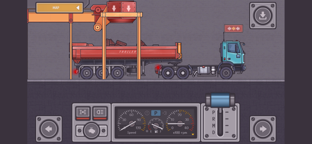 Trucker Ben - Truck Simulator - Jugabilidad del simulador Trucker Ben mostrando un camión azul dando marcha atrás a un remolque rojo con un tablero técnico.