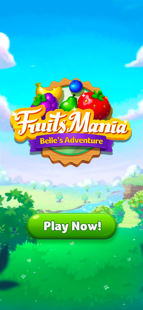 Fruits Mania:Belle's Adventure - Pantalla de título del juego Fruits Mania La Aventura de Belle con un colorido logo de fruta y un botón verde 'Jugar ahora' sobre un paisaje caprichoso
