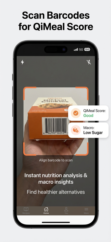 QiMeal - QiMeal App-Oberfläche scannt einen Lebensmittel-Barcode, um sofortige Nährwertanalysen und Makro-Einblicke zu liefern.