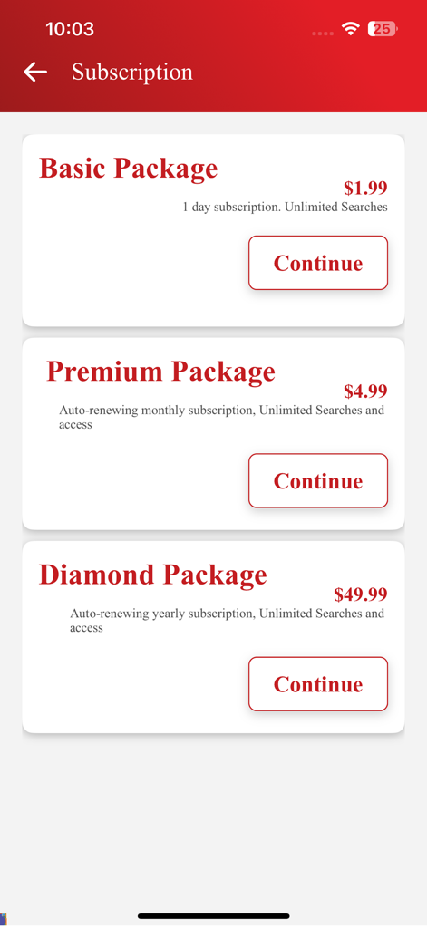 Subscription screen for the TackleFind app showing daily monthly and yearly pricing tiers for antique fishing tackle data