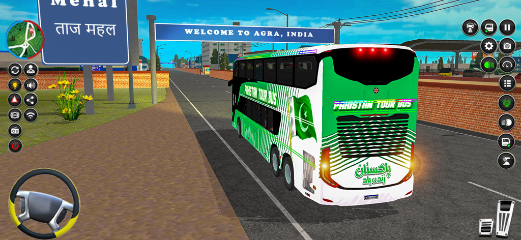 A green Pakistan tour bus entering Agra city in India with a welcome sign and Taj Mahal direction board.