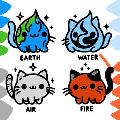 4 cats that represent the different elements, earth, water, air, and fire