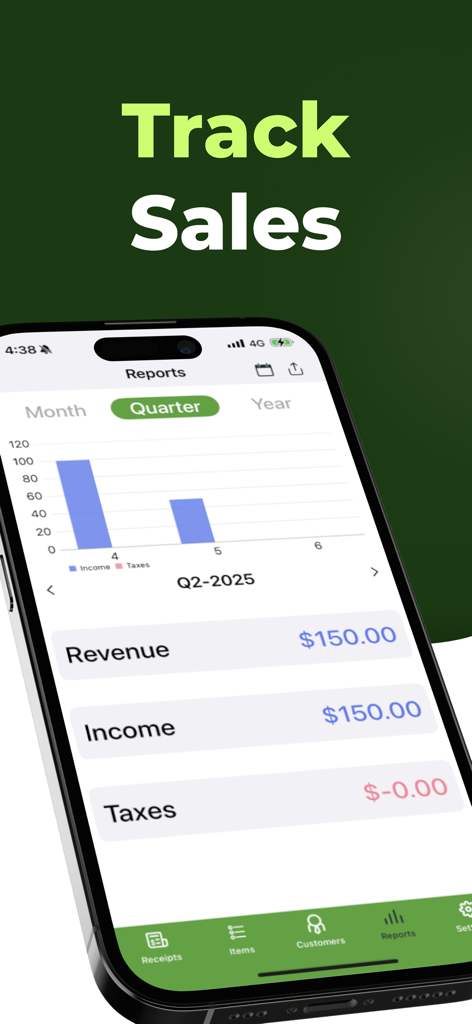 Receipt Maker - A smartphone showing the Receipt Maker app sales reports screen with a bar chart and financial summaries for revenue and income