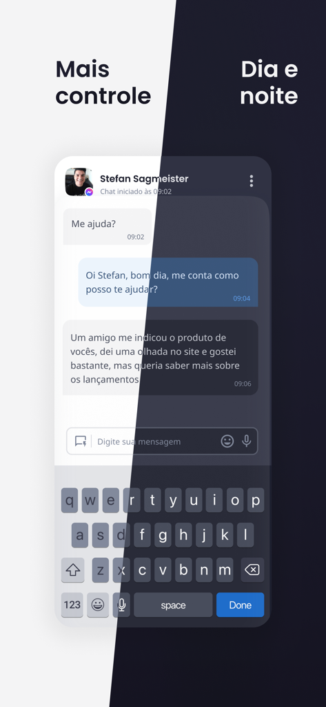 Octadesk mobile app chat interface shown in light and dark mode for business customer support