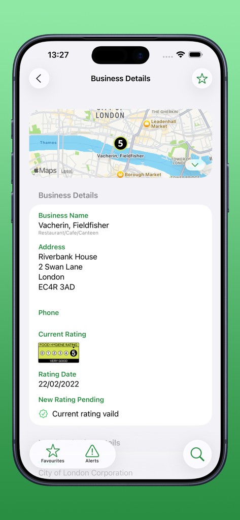 UK Food Hygiene Ratings - Business details screen showing a 5 star food hygiene rating in London
