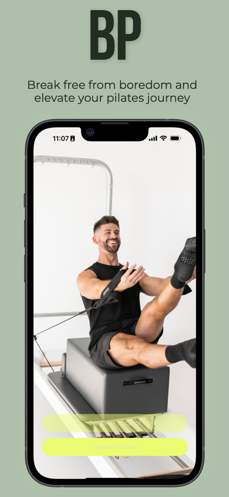 BP Pilates Academy - A man performing exercises on a Pilates reformer in the BP Pilates Academy mobile app.