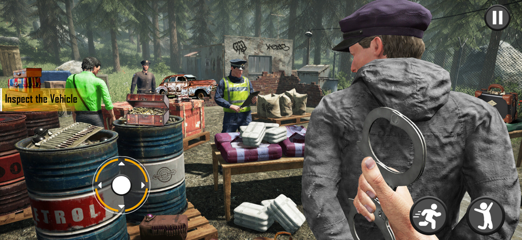 Border patrol officer inspecting cargo and suspects for contraband in a simulation game
