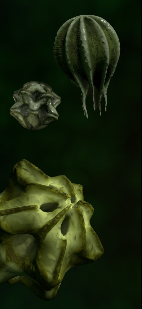 Future Botanica - 어두운 녹색 환경에 떠 있는 세 가지 추상적인 투기적인 디지털 식물 종