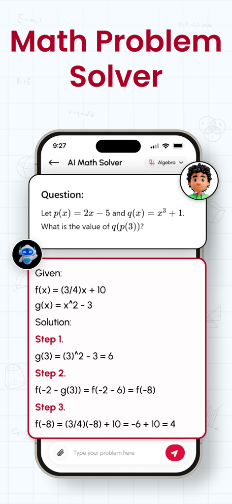 Math AI - Solve Math Problems - Una pantalla de teléfono móvil que muestra una aplicación de resolución de problemas matemáticos con IA con soluciones algebraicas paso a paso.