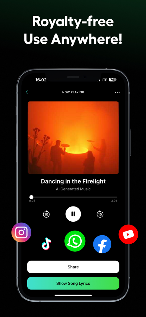 Sona: AI Music & Cover Maker - Una schermata mobile dall'app Sona AI che mostra una canzone generata dall'IA con utilizzo royalty-free e icone di condivisione sui social media