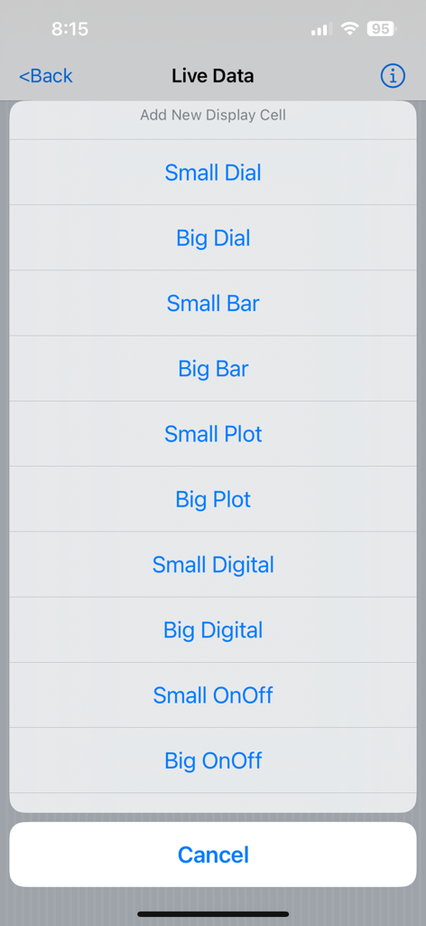 LELink Scanner - Menu for adding and customizing live data display cells like dials bars and plots.