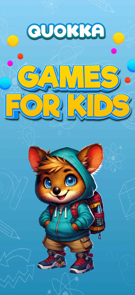 QUOKKA Games for Kids - QUOKKA Games for Kids intro screen with a friendly quokka character wearing a hoodie and backpack
