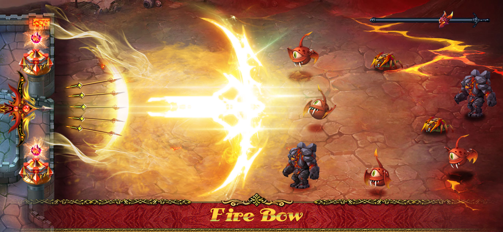 Defender III - Gameplay screenshot of Defender III showing a large glowing Fire Bow firing multiple magical arrows at monsters in a lava environment.