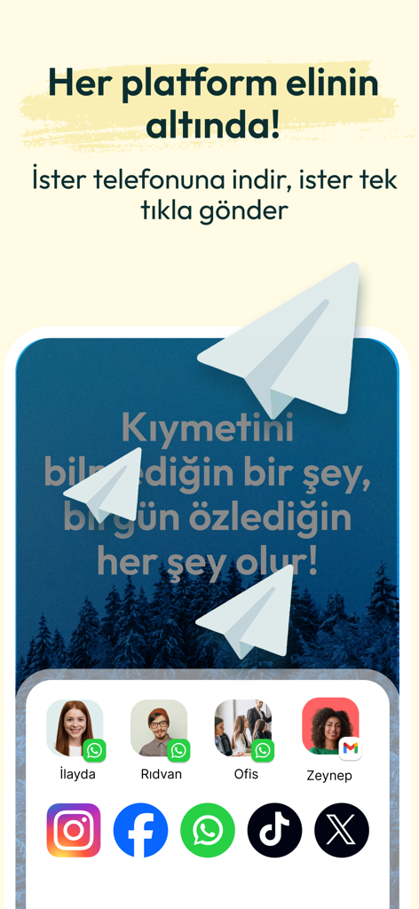 Mobile App-Oberfläche, die ein türkisches Zitat über einem verschneiten Waldhintergrund mit Symbolen zum Teilen auf WhatsApp, Instagram und Facebook zeigt.