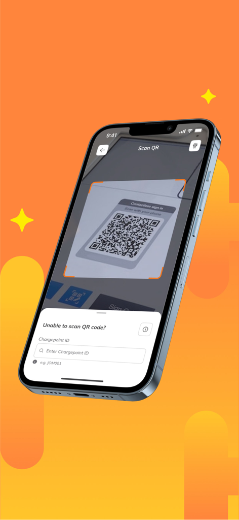 JomCharge - JomCharge mobile app interface showing the QR code scanner and manual chargepoint ID entry for EV charging