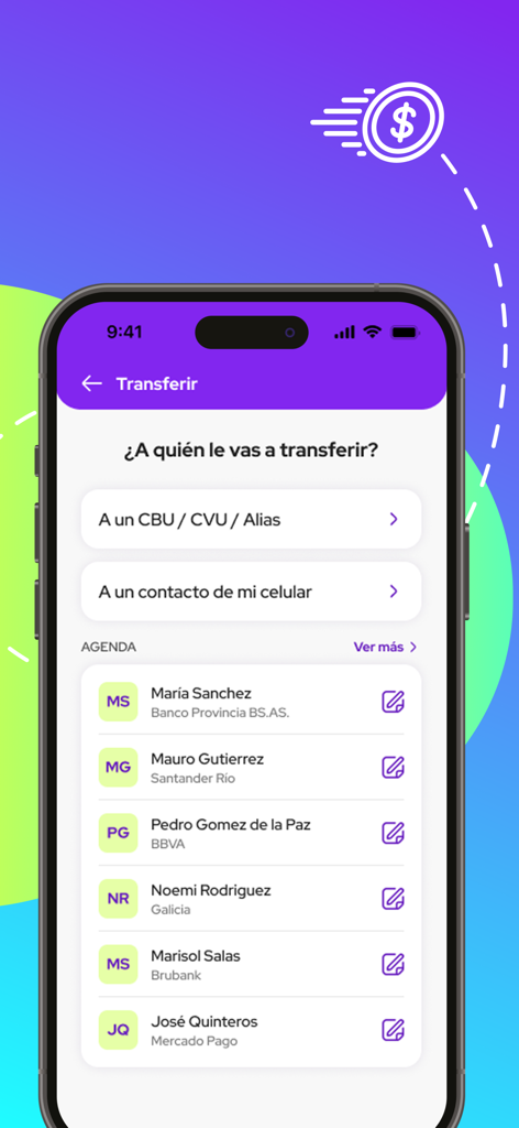 Buepp: Tu billetera urbana - Mobile app interface showing money transfer options and a contact list with names and bank icons.