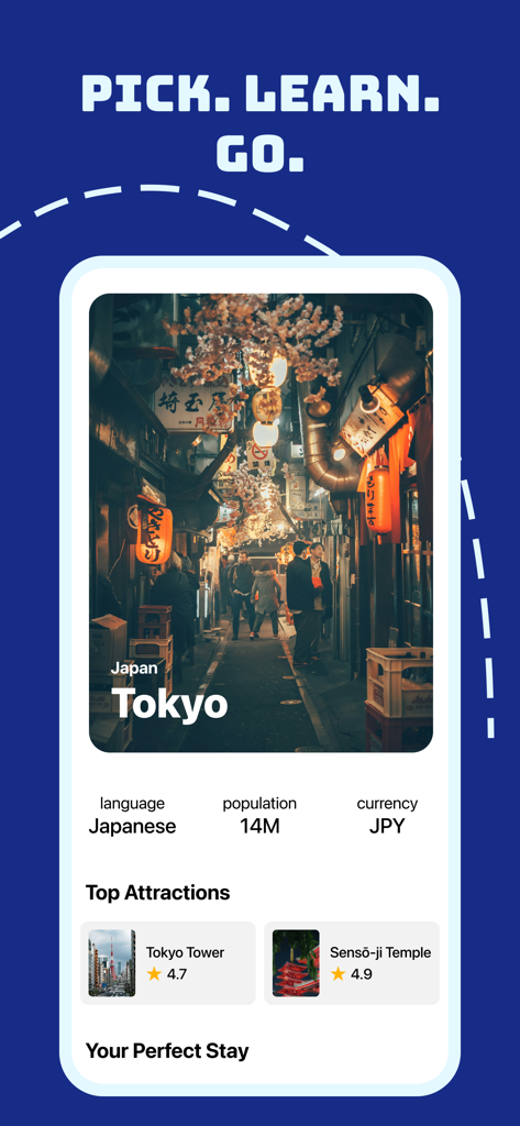 Merro - Interfaz de la aplicación Merro que muestra detalles de viaje y atracciones principales para Tokio, Japón