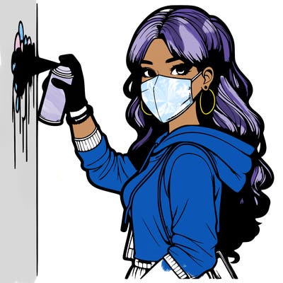 realistic girl with mask spray painting a wall